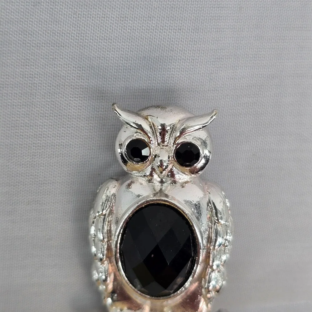 Silver Tone Owl Brooch with Large Black Faceted Gemstone and Black Eyes 2 Inch